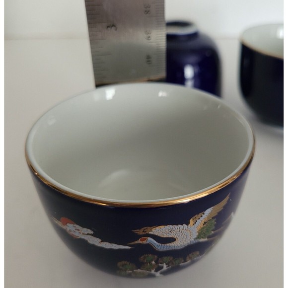 Vintage Japanese Porcelain Cobalt Blue Yunomi Sencha Tea Cups Flying Crane 4pcs - Picture 10 of 11